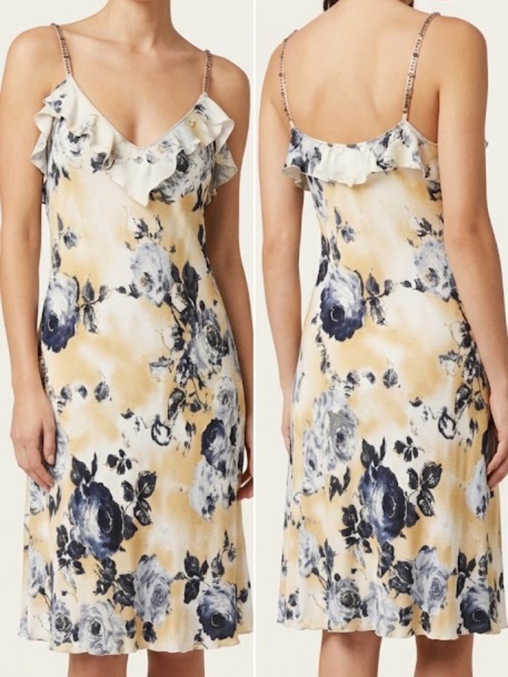 ROBERTA SCARPA Italian Silk Blend Floral Dress Sz 14 US Ruffled Beaded Straps
